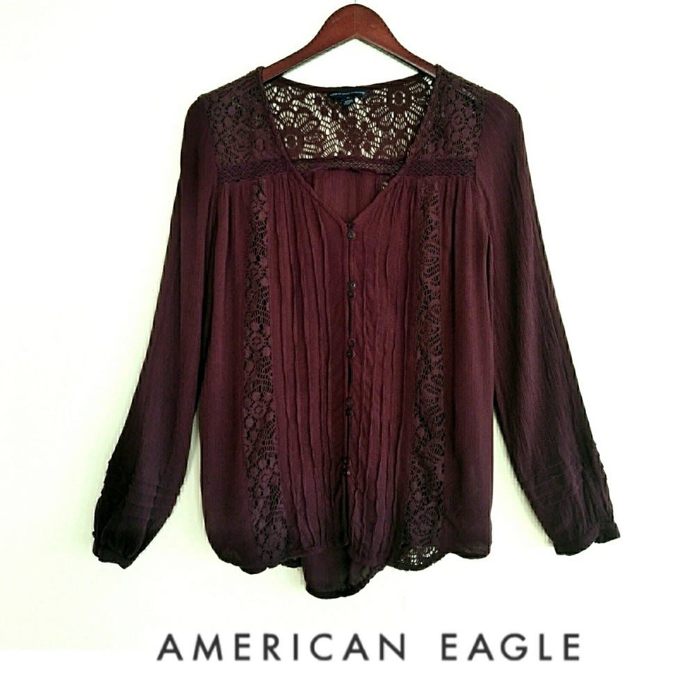 AEO Boho Button Down Long Sleeve Lace Inset Blouse